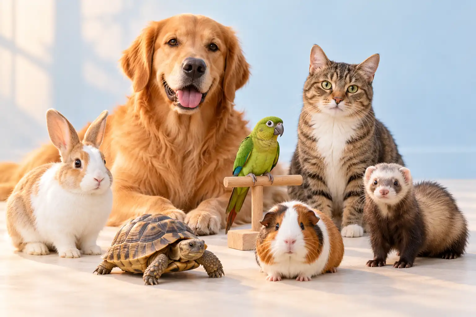 Cane, gatto, coniglio, pappagallo, tartaruga, porcellino d’India e furetto insieme
